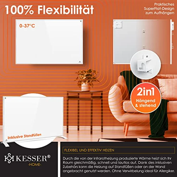 KESSER Infrarotheizung Energiesparend Infrarot 2in1 Standgerät & Wandmontage Elektroheizung mit Fernbedienung Thermostat & App-Steuerung Timer Elektrisch Heizpaneel Heizung Konvektor Standfüße Weiß, 550W, Heizstrahler – Bild 4