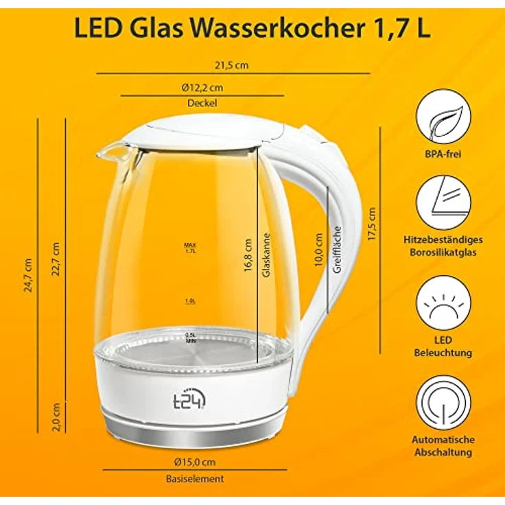 T24 Borosilikatglas Wasserkocher mit LED, 2200 Watt, 1,7 Liter, Trockenkoch- und Überhitzungsschutz, mit Filter, weiß – Bild 3