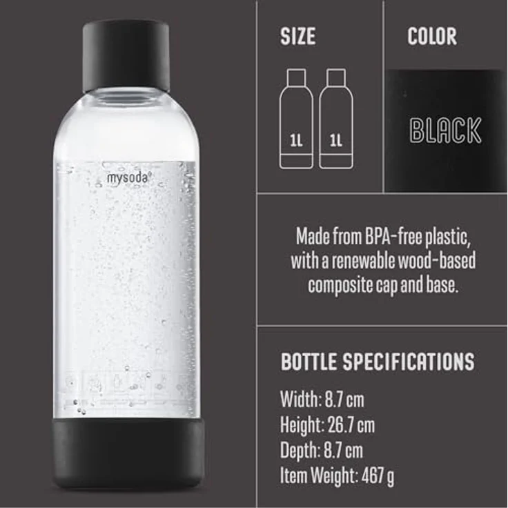 Mysoda: Wiederverwendbare Plastik Wasserflasche (BPA-frei) Wassersprudler mit Quick-Lock, Deckel und Boden aus Holzkomposit - Schwarz – Bild 5