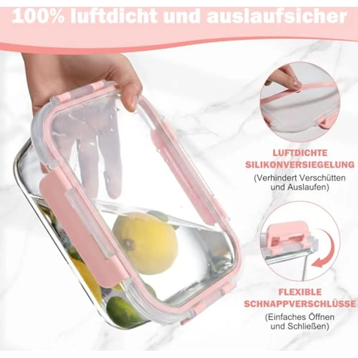 YASHE Glasbehälter Set mit Deckel, 10-teilig, stapelbar, luftdicht, BPA-frei, Rosa, für Mikrowelle, Gefrierschrank & Spülmaschine – Bild 4