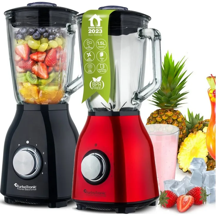 TurboTronic by Z-Line Standmixer BG6 - 1400 Watt, 1,5L Glasbehälter, Ice Crush Funktion - Milchshaker Blender - Glas Smoothie Mixer (schwarz)
