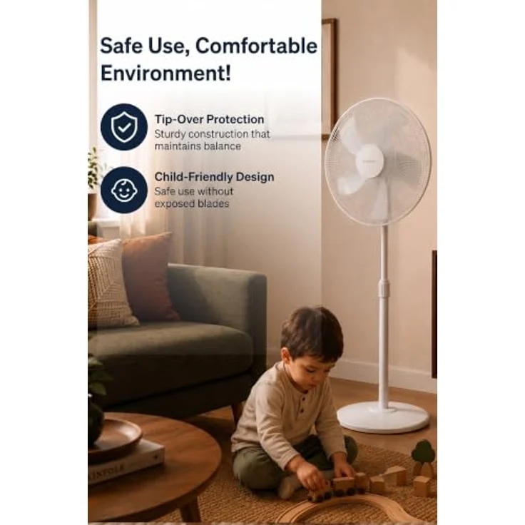 KUMTEL Standventilator KTF-350, 50 W, oszillierend, 5-Blatt-Rotor, geräuscharmer Betrieb, verstellbare Höhe, weiß – Bild 6