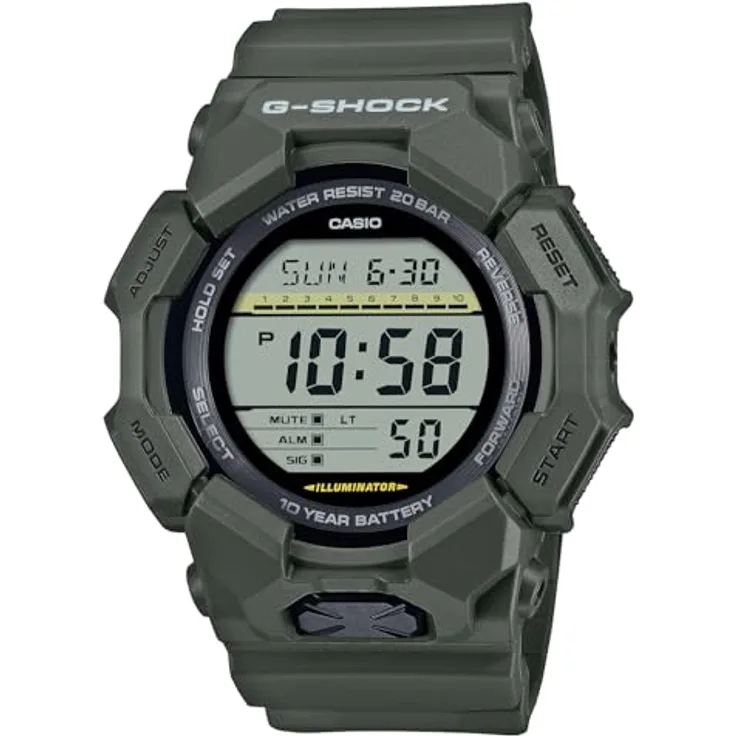 Casio G-Shock Classic Digital-Herrenuhr Khakigrün GD-010-3ER, Kunststoffarmband in grün, silbernes Zifferblatt