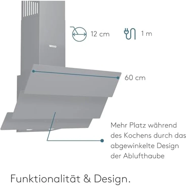 Wiggo B643 Dunstabzugshaube 60cm kopffrei I Abluft Umluft Dunstabzug 615m³/h - Touch-Display 4 Stufen I Energieeffizienzklasse B Schräghaube inkl. 2x Kohlefilter I Abzugshaube Glasfront grau – Bild 5