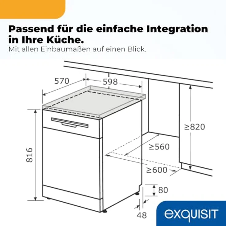 Exquisit GSP59316-450C Geschirrspüler 16 Maßgedecke, Energieklasse C, 8 Spülprogramme, Aquastop, Innenbeleuchtung, unterbaufähig, Silber – Bild 9