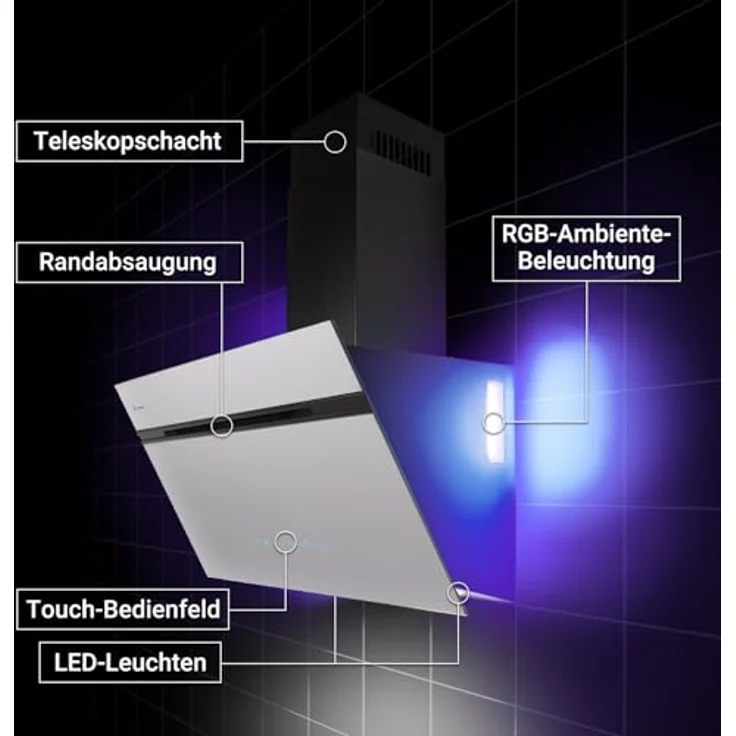 KKT KOLBE AURORA9005SW, Dunstabzugshaube 90 cm, A+++ Effizienz, 782 cbm/h, Umluft/Abluft, Schwarz Weiß Glas, Nachlaufautomatik, Smart WiFi App, SensorTouch, RGBW LED-Beleuchtung – Bild 3