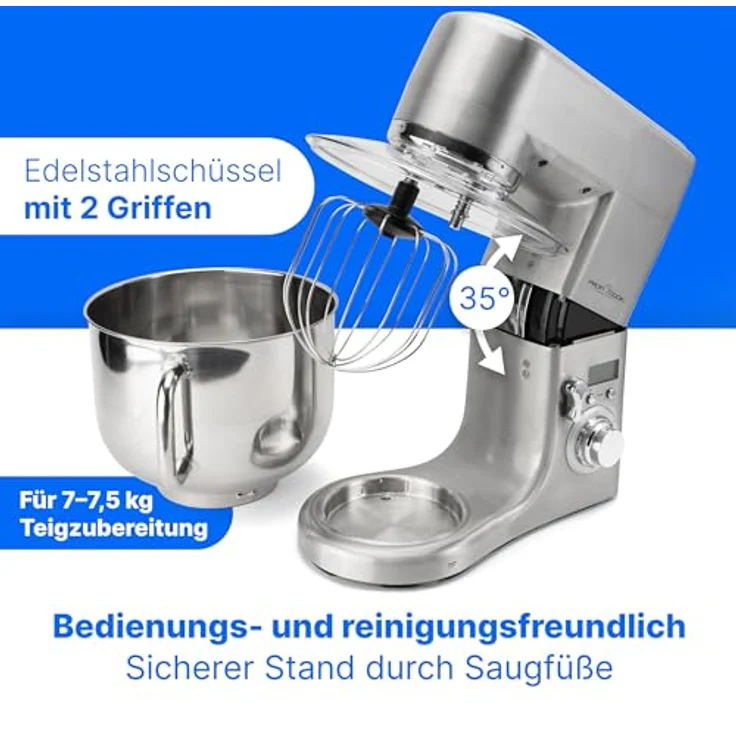 ProfiCook PC-KM 1096 XXXL-Küchenmaschine, 10 Liter Edelstahlschüssel, Alu-Druckguss-Gehäuse, LCD-Display, 1500 Watt, Edelstahl – Bild 5