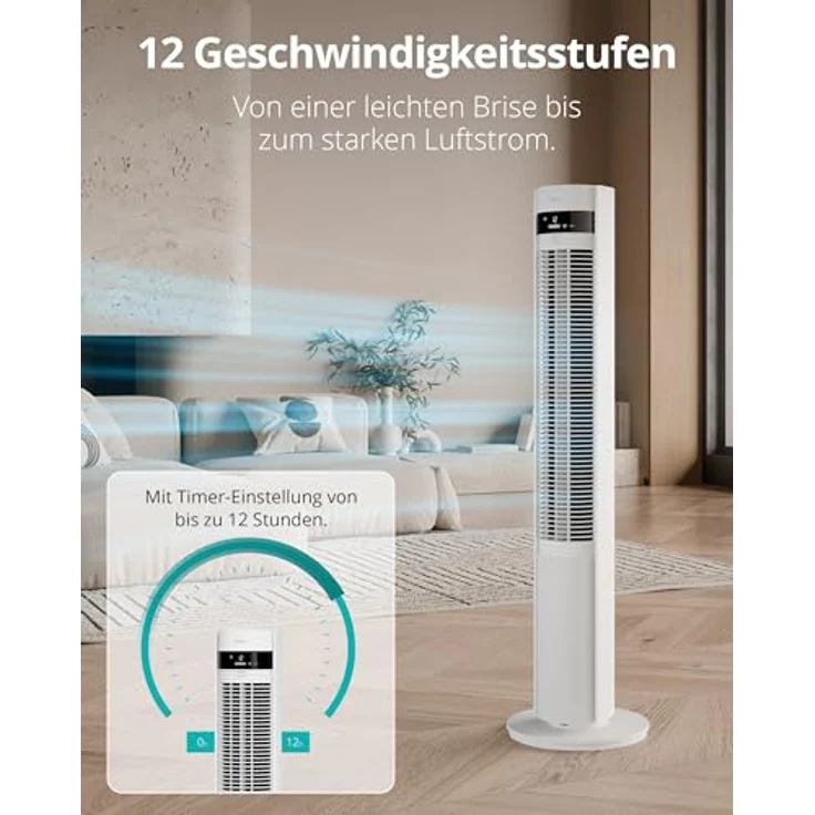 Duux Elevate Turmventilator – 12 Geschwindigkeiten, 80° Oszillation, 25 dB, Ionisator, Timer (1–12h), Schlafmodus, Touch & Fernbedienung – Leiser Smart Ventilator für Schlafzimmer/Büro, Weiß – Bild 4