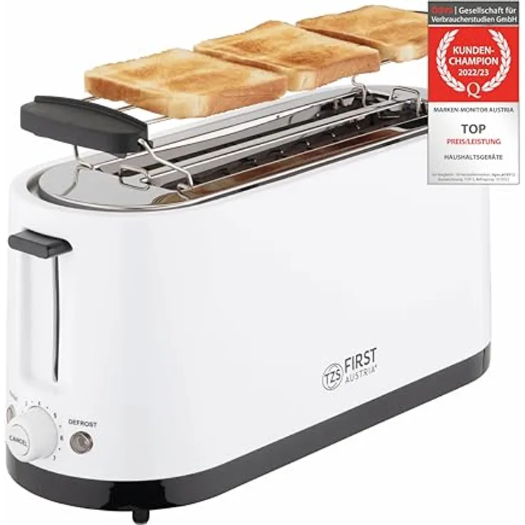 TZS First Austria - Toaster 4 Scheiben Langschlitz 1400W mit Krümelschublade | Brötchenaufsatz | wärmeisoliertes Gehäuse, Temperatureinstellung, Edelstahlgehäuse, Auftaufunktion, Brotzentrierung