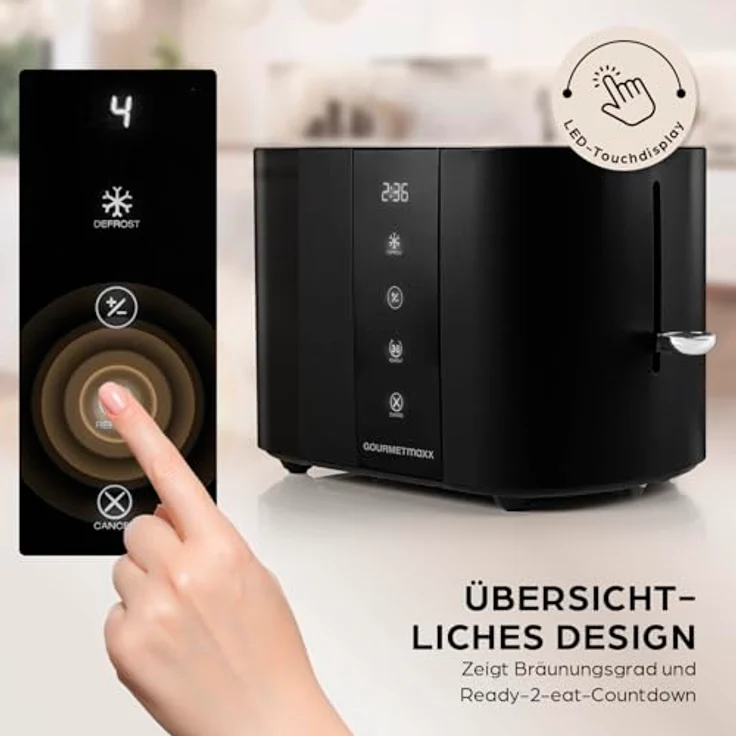 GOURMETmaxx Kurzschlitz-Toaster für 2 Scheiben, schwarzer Toaströster mit 6 Bräunungsgraden, Ready-2-eat-Countdown, Touchdisplay, Brötchenaufsatz & Aufwärmfunktion – Bild 2