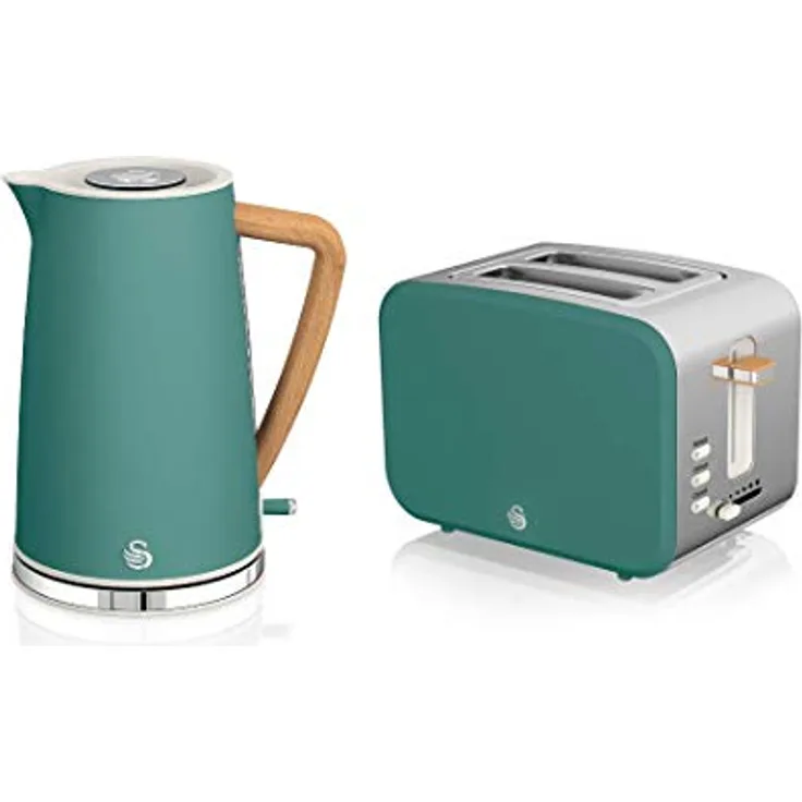 Swan Nordic Set Frühstückskocher, kabellos, 1,7 l, 2200 W, Toaster Breitschlitz, 2 Scheiben, 3 Funktionen, modernes Design, Holzoptik, Grün