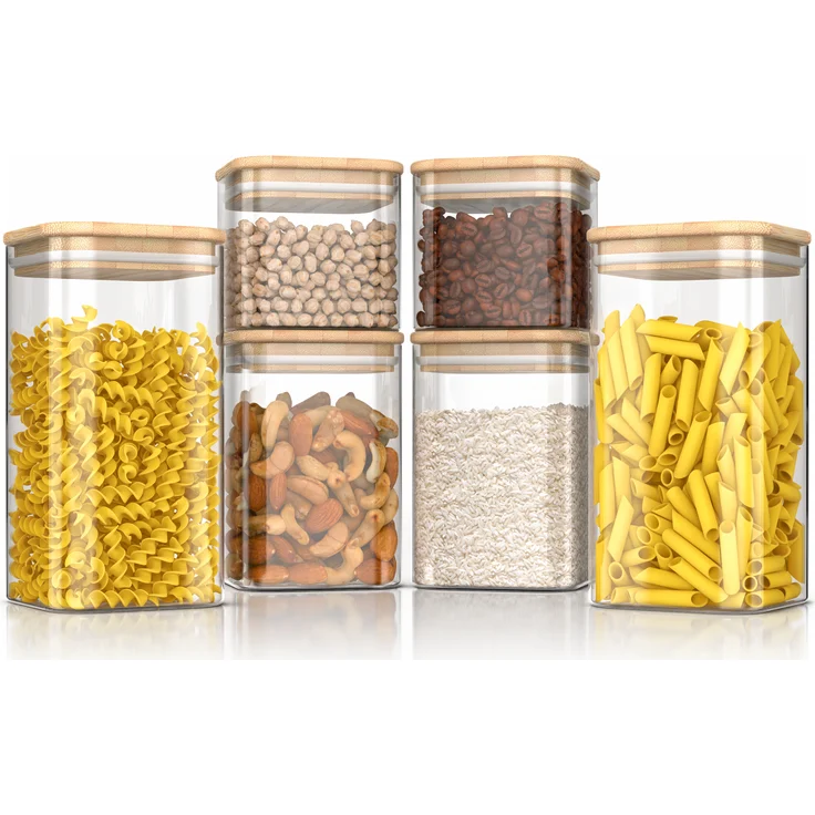 Arendo Vorratsgläser, Glasbehälter 6er Set mit Bambusdeckel & Silikondichtung, quadratisch, luftdicht, Borosilikatglas, spülmaschinengeeignet, 2 x 1 L, 2 x 1,5 L, 2 x 2 L