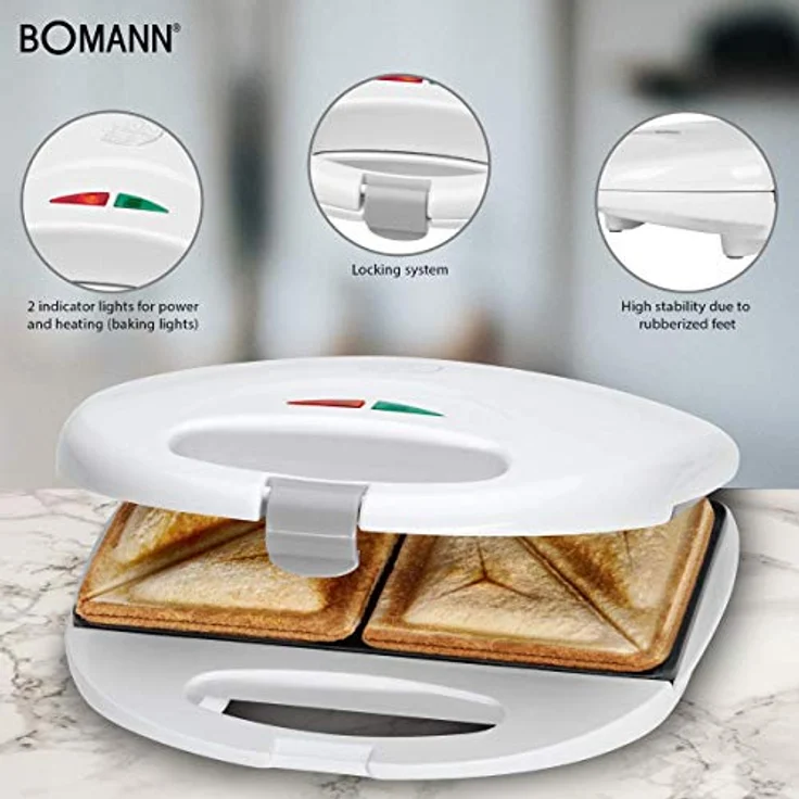 Bomann ST 5016 CB Sandwichtoaster, 3-eckige Sandwichplatten, automatischer Temperaturregler, mit 2 Kontrollleuchten, Antihaftbeschichtung, Überhitzungsschutz, weiß – Bild 4