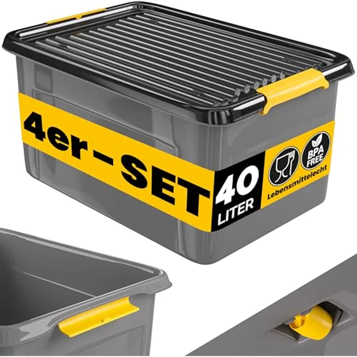 Monzana® 4x Aufbewahrungsbox 40L, stapelbar und belastbar bis 40kg, anthrazitgrau, BPA-frei mit Klickverschluss, ideal für Keller und Garage