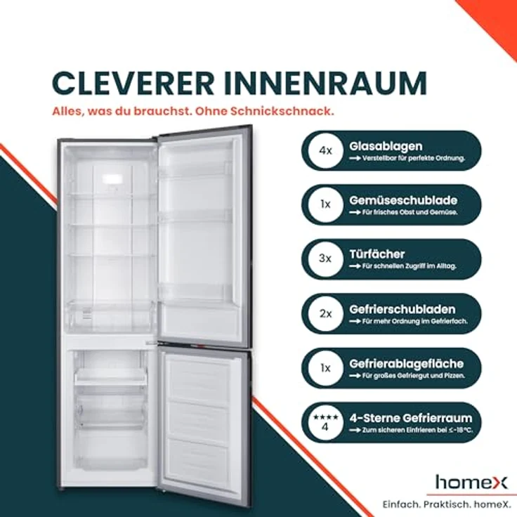 homeX CFSN2531C-S, Kühlschrank mit Gefrierfach No Frost, Kühl-Gefrier-Kombination 253 Liter, silber – Bild 4