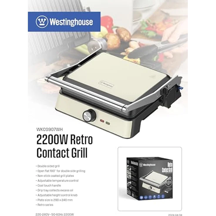 Westinghouse Retro Contact Grill WKCG907WH, 2200 W, Antihaftbeschichtung, höhenverstellbar, 29 x 24 cm Grillfläche – Bild 4