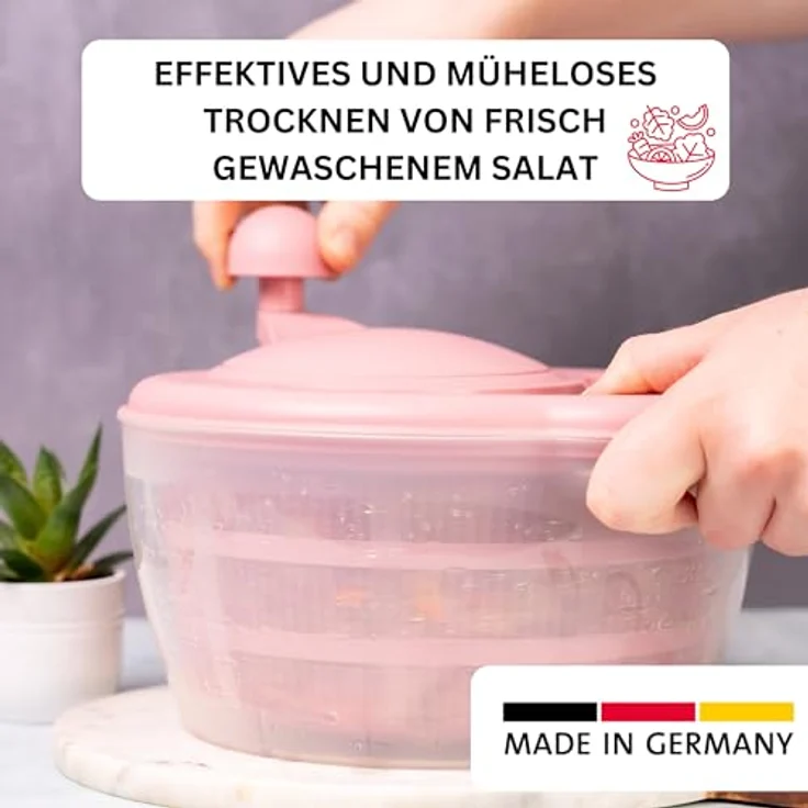 Westmark Fortuna Salatschleuder, 5 Liter, BPA-frei, transparent/rosa, ergonomischer Drehknauf, made in Germany – Bild 2