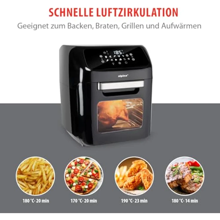alpina Heißluftofen und Heißluftfritteuse - Airfryer - Digitale Zeit- und Temperaturkontrolle - 1800 Watt - 12 Liter - Schwarz – Bild 5