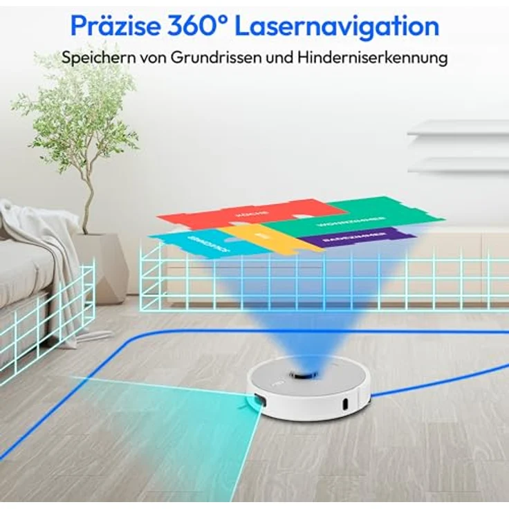 Medion® Saugroboter X42 SW+ mit Absaugstation, 8.000 Pa Saugleistung, 240min Laufzeit, 28,8 W, Nass- und Trocken Saugroboter, Teppicherkennung, Lasernavigation – Bild 4