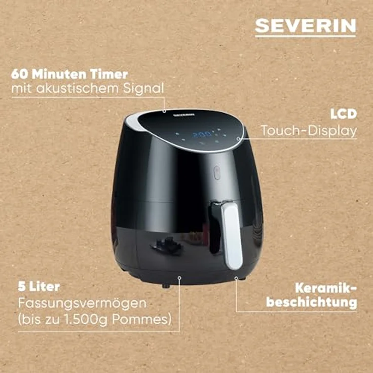 Severin FR 2445 XXL-Heißluftfritteuse 2.000 W, 5 L Kapazität, 1.500 g Frittiermenge, edelstahl-schwarz – Bild 4
