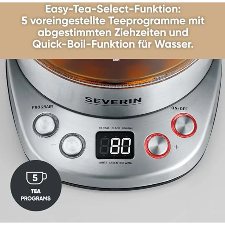 SEVERIN Glas Tee- & Wasserkocher Deluxe, Edelstahl, 5 Teeprogramme, Warmhaltefunktion, 1,7 L, 3000 W – Bild 2