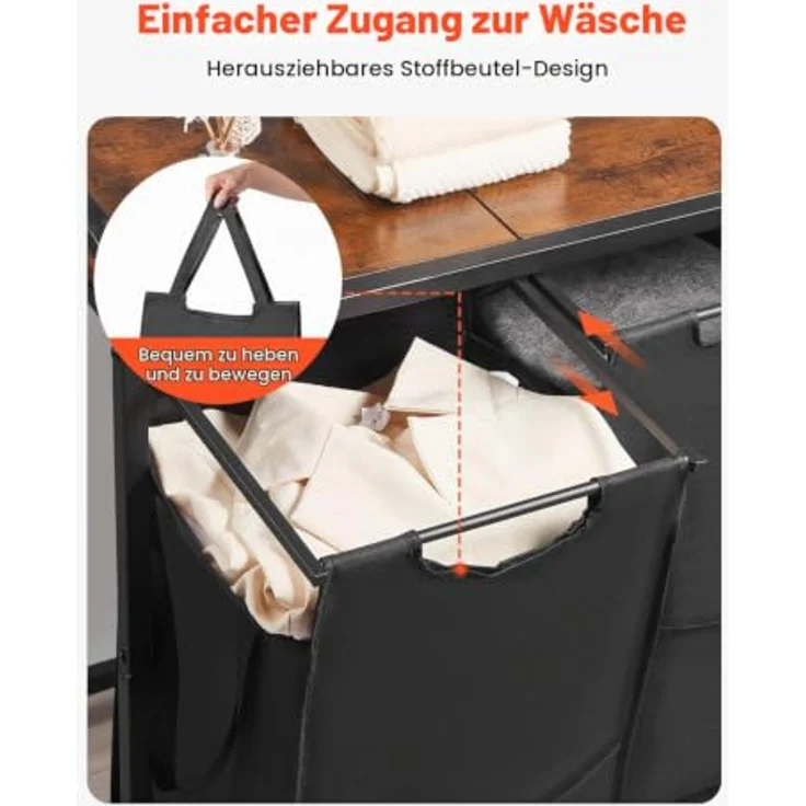 VEVOR Wäschekorb Wäschesammler mit Holztischplatte, 3 ausziehbare Beutel aus 600D Oxford Stoff, Metallrahmen, Wäsche-Sortiersystem für schmutzige Kleidung, schwarz – Bild 4