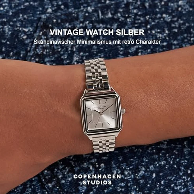 Copenhagen Studios Vintage Square Watch, elegante Damenuhr aus poliertem Edelstahl, 24 mm, Quarzwerk, 5 ATM wasserdicht, kratzfest, Silber – Bild 2