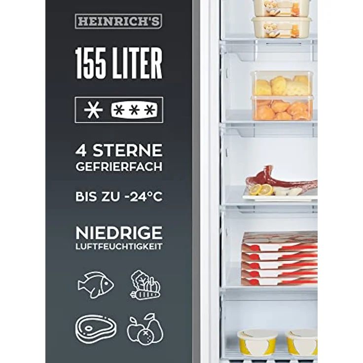 HEINRICHS Gefrierschrank, Freezer, No-Frost Schutz, 4x Gefrierschublade +1x Gefrierfach, LED-Display,Airflow, wechselbarer Türanschlag, Alarmfunktion, Temperatur:-14°C~-24°C, Heinrich´s (inox) – Bild 5