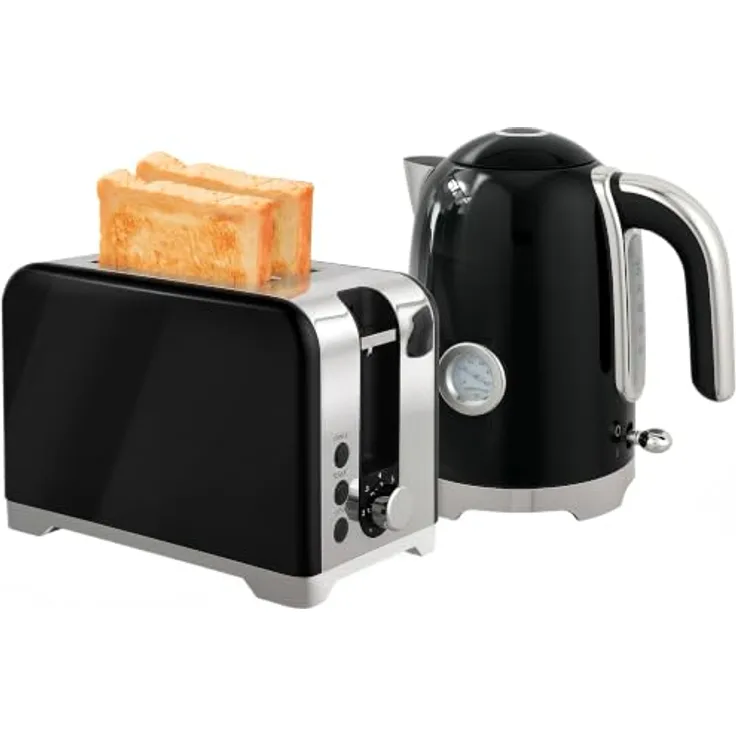 HOMCOM Wasserkocher und Toaster Set, 2200 W, 1,7 L Edelstahl Wasserkocher mit Thermometer, 2-Scheiben Toaster mit 7 Bräunungsstufen, Schwarz