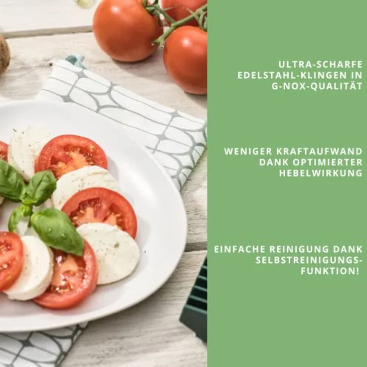 Genius Nicer Dicer Chef Deluxe XXL 37-teilig mit Glasschüssel-Set, Tomaten-Gemüse-Schneider & 3in1 Siebschüssel - Zerkleinerer Zwiebelschneider Pommesschneider, Grün – Bild 5