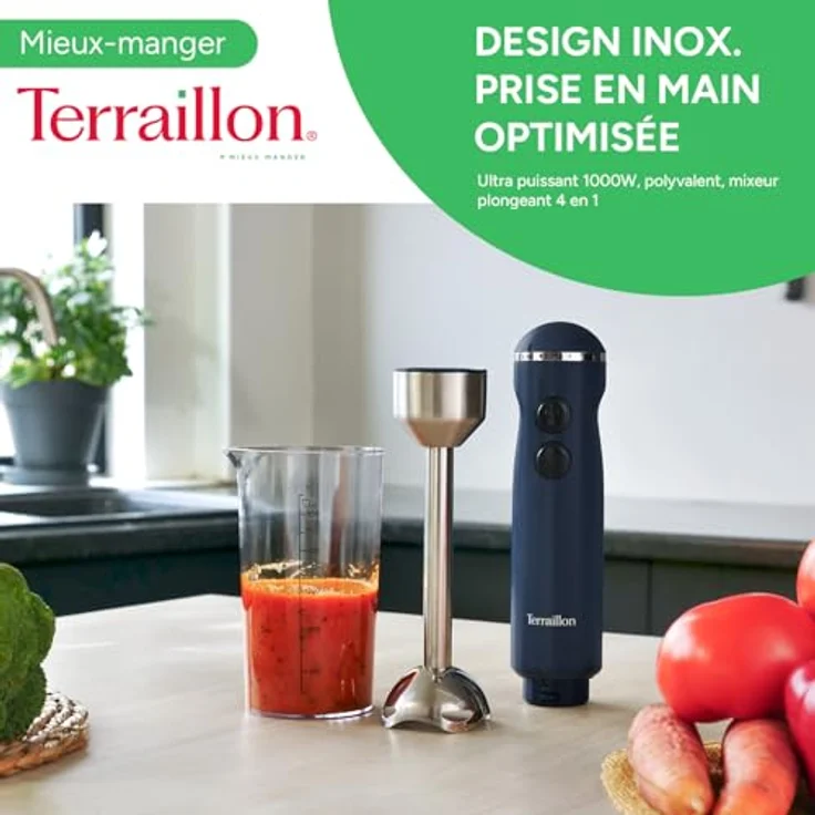 Terraillon New Moon Elektrischer Stabmixer, 1000 W, Edelstahlklingen, Turbo-Funktion, variable Geschwindigkeit, Messbecher, Schneebesen, Zerkleinerer 600 ml, Kartoffelpresse, lackiert – Bild 2