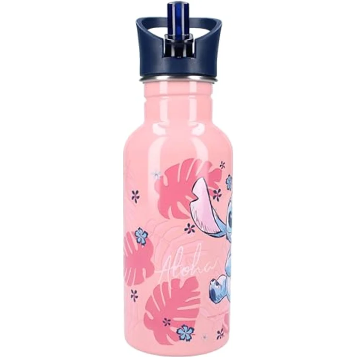 Lilo & Stitch Trinkflasche, Edelstahl Trinkbecher mit Strohhalm, 500ml, rosa mit Stitch-Motiv – Bild 2