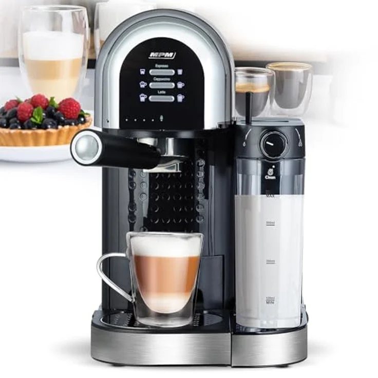 MPM MKW-14M Kaffeevollautomat mit 1470W Leistung, 15-Bar-Druckpumpe und integriertem Milchaufschäumer, Schwarz – Bild 1
