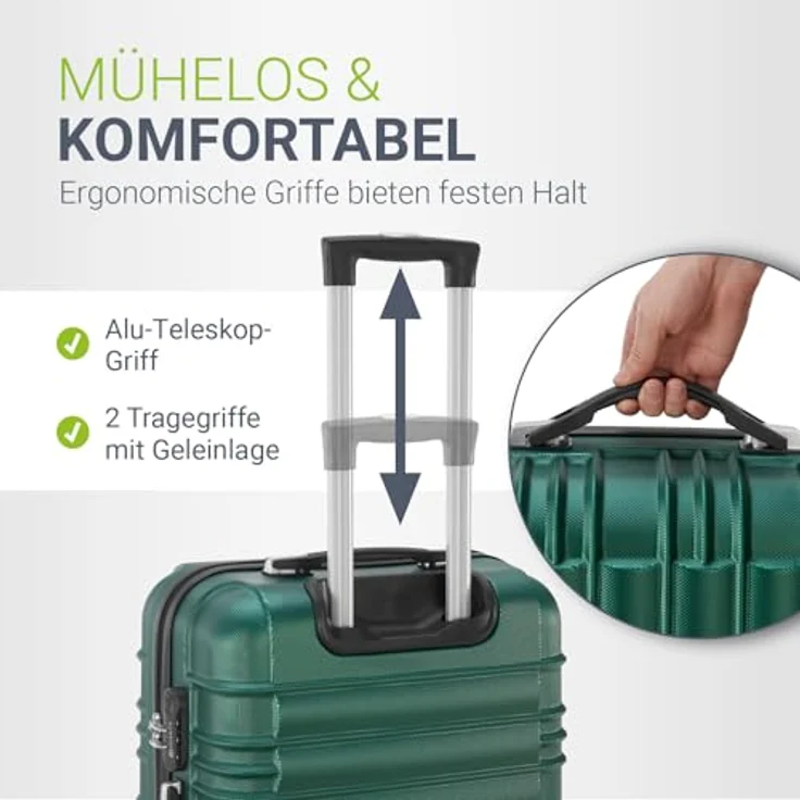 Juskys Hartschale Kofferset 4-teilig, großer Reisekoffer mit Zahlenschloss, geräuscharmen 360° Rollen, Teleskopgriff, leicht, dunkelgrün – Bild 3