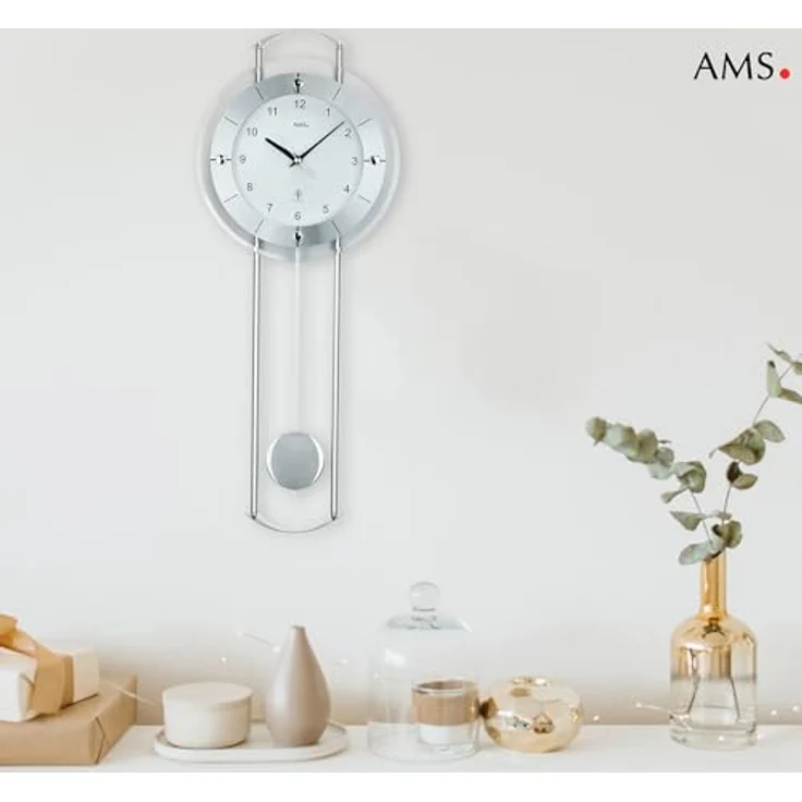 AMS. Pendelwanduhr 5254, Funk, mit silberlackierten Metallstäben, Aluminiumfrontreif und Mineralglas, arabische Ziffern – Bild 8
