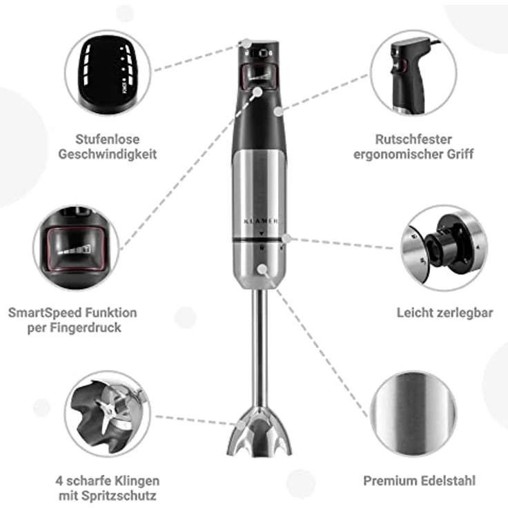 KLAMER Stabmixer Set 1000 Watt, 4 in 1 Pürierstab Edelstahl mit SmartSpeed per Finderdruck, inkl. 3-teiligem Zubehör-Set, Messbecher & Schneebesen – Bild 2