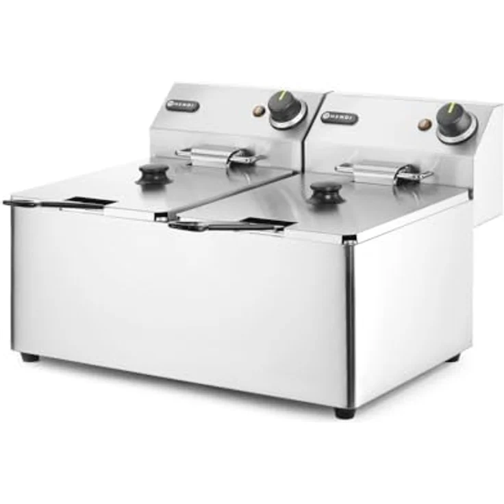 HENDI Fritteuse, einstellbar bis 190°C, Kaltzone, mit Frittierkorb und Deckel, Entnehmbar Becken, Sicherheitsthermometer, 2x8L, 230V, 7000W, 550x430xH345mm, Edelstahl – Bild 4
