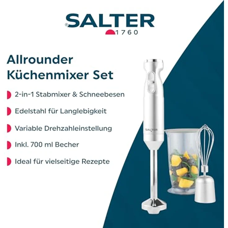 Salter EK4587MMSVDE Aspen Blend and Whisk Pro, Stabmixer und elektrischer Schneebesen, mit Edelstahlgehäuse und variablen Geschwindigkeitseinstellungen, Silber – Bild 2