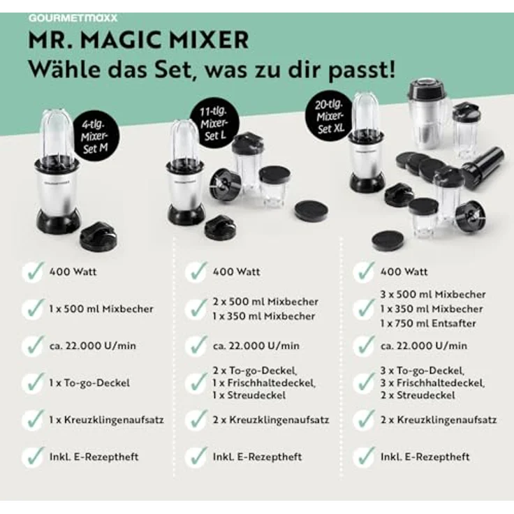GOURMETmaxx Mr. Magic Power 400 Pro Standmixer, 400W, inkl. 3 Mixbecher To-Go und Zubehör-Set L, silber/schwarz – Bild 8