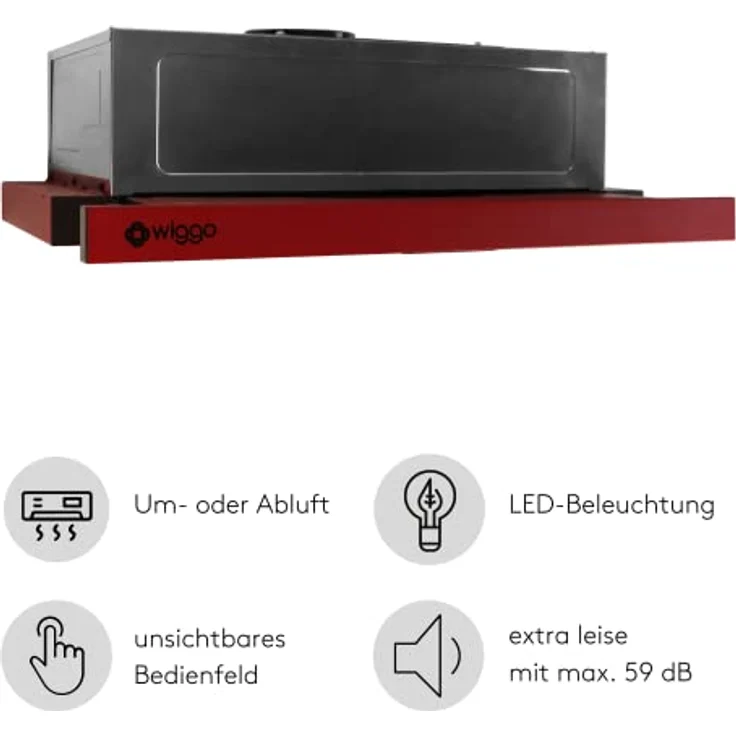 Wiggo Dunstabzugshaube 60cm WE-632R rot I Flachschirmhaube für Abluft oder Umluft Dunstabzug 300m³/h mit LED-Beleuchtung I Einbau-Dunstabzugshaube inkl. Fettfilter & 2× Kohlefilter – Bild 2