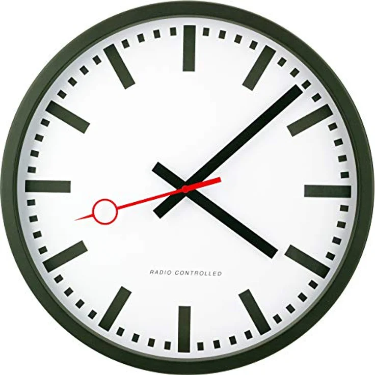 Eurotime Funkwanduhr, 35 cm, im Bahnhofsdesign, geräuscharmes Funkwerk, Metallrahmen Mattschwarz, automatische Zeiteinstellung, 59530-05 – Bild 1