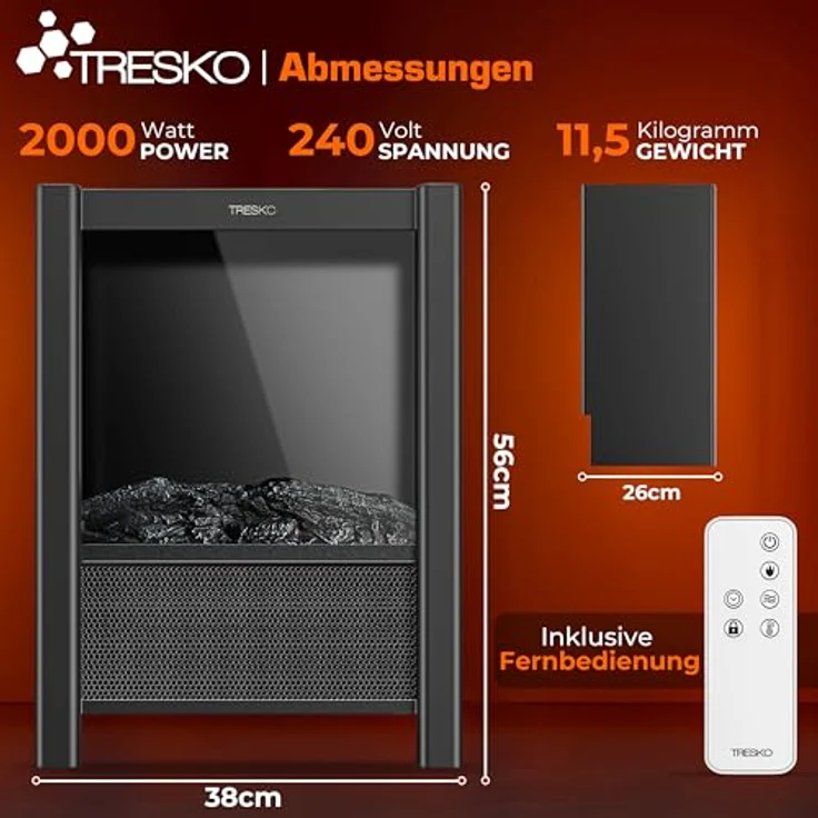 TRESKO Elektrokamin, Heizstrahler mit 2000W, WiFi App, Fernbedienung und LCD-Display, schwarz – Bild 2