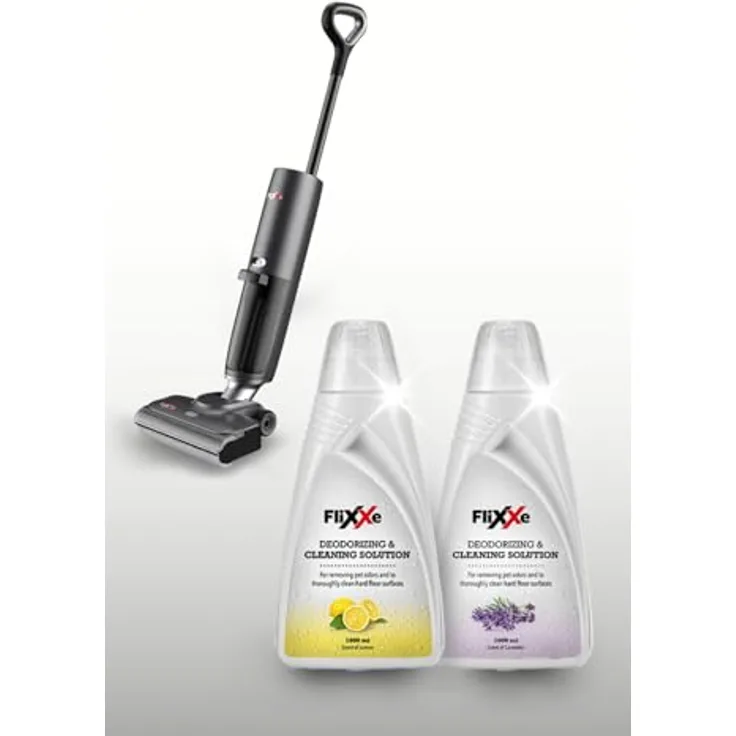 Flixxe X3 Premium 2-in-1 Nass-Trockensauger, kabellos, 200W Leistung, 40 Min Laufzeit, Selbstreinigung, X-Sense Technologie, beidseitige Kantenreinigung, grau, inkl. 2 Liter Reinigungslösung