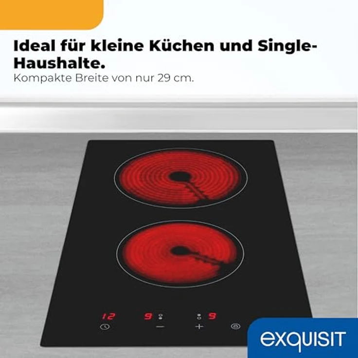 Exquisit EKC300-490 Glaskeramik-Kochfeld, 2 Kochzonen, 3000 W, Touch-Control, rahmenlos, kompakte Maße 29 x 52 cm, Sicherheitsabschaltung, Restwärmeanzeige, schwarz – Bild 3