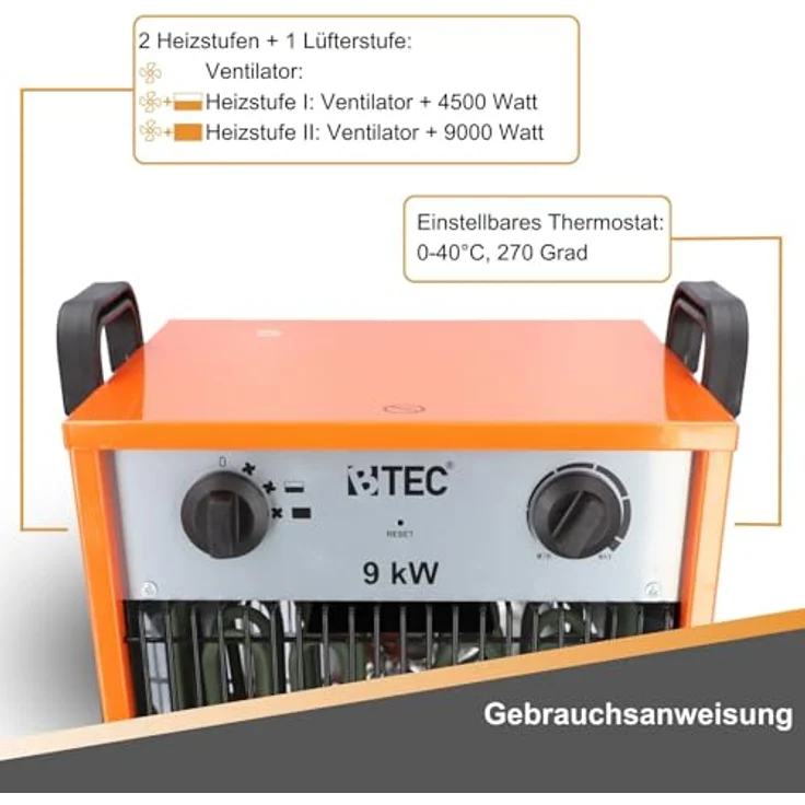BTEC Heizlüfter 9000 Watt - Elektroheizer - Elektroheizung - 2 Heizstufen - Frostwächter - 9kW Heizer, Pulverbeschichtet – Bild 5