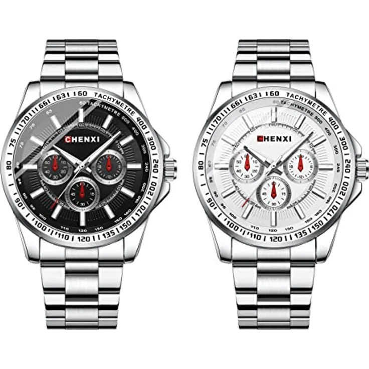 JewelryWe 2pcs Herren Analog Quarz Armbanduhr, Luxus Edelstahlarmband, 30m wasserdicht, Leuchtzeiger, Schwarz/Weiß – Bild 1