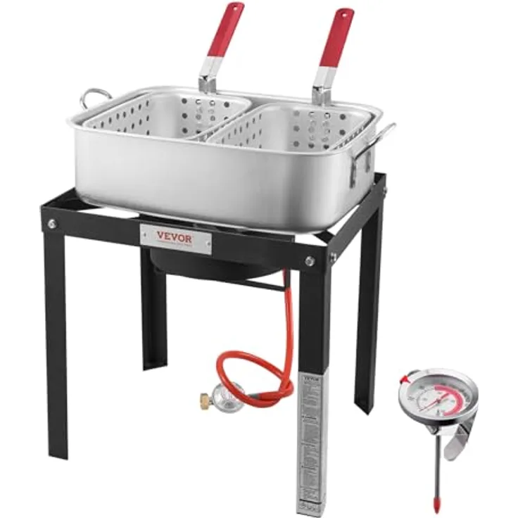 VEVOR Fritteuse für Fisch und Flügel, 13,27 l, Propan-Fritteuse aus Aluminium mit Thermometer und Doppelkorb, 58.000 BTU, für den Außenbereich
