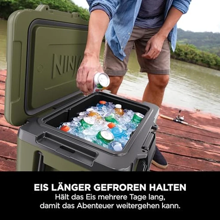 Ninja FrostVault Kühlbox mit Rollen, 42 L, isoliert mit Dry Zone Schublade, inklusive Ninja Thirsti Flasche 530 ml und Kühlakku, olivegrün, FB245AMZEUUKGN – Bild 5
