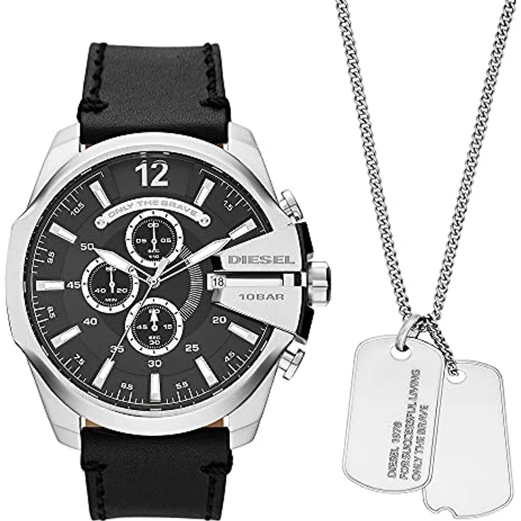 Diesel Herrenuhr Mega Chief, Chronographenwerk, 51 mm silberfarbenes Edelstahlgehäuse mit Lederarmband, DZ4559, Schwarz – Bild 1