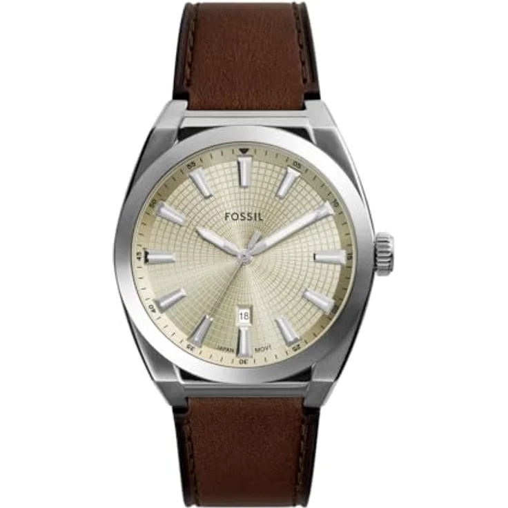 Fossil Herren Analog Quarz Uhr mit Leder Armband FS6071, 42mm Edelstahlgehäuse, cremefarbenes Zifferblatt, braunes Band, wasserdicht bis 50m – Bild 1